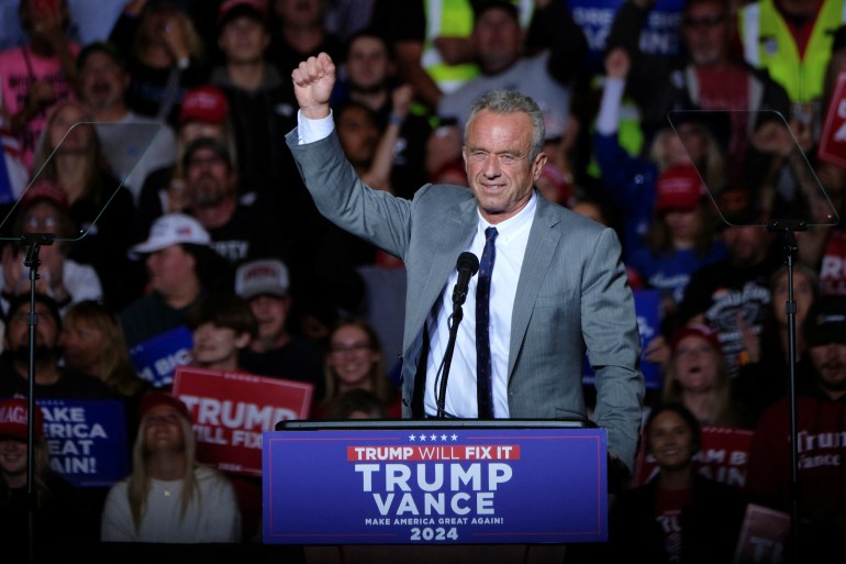 Robert F. Kennedy Jr. attends a campaign event for Republican presidential nominee and former U.S. President Donald Trump in Milwaukee, Wisconsin, U.S. November 1, 2024. REUTERS/Joel Angel Juarez