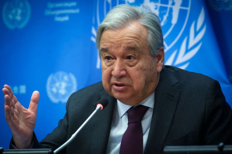 United Nations Secretary General Antonio Guterres speaks during a press conference at U.N. headquarters in New York City, U.S., February 8, 2024. REUTERS/Mike Segar