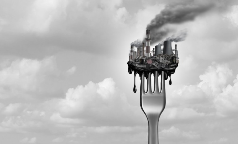 Pollution and food and toxic pollutants in nutrition as eating a contaminated meal as a fork with industrial toxins or climate change affects on the body with 3D illustration elements.