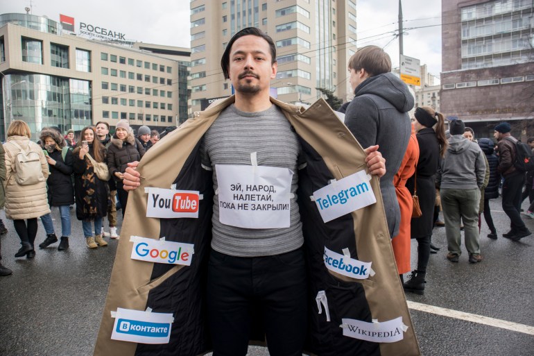 Moscow, RUSSIA - March 10, 2019: Sakharov Prospect. Political rally for free Internet. Youth with political posters