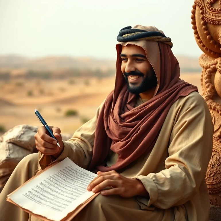 An Arab man sits in a quiet place, holding a pen in his hand and a piece of paper in front of him, looking at it sarcastically. His face shows deep concentration and a smile as he writes poetry on the paper, contemplating its meaning. In the background, there is a landscape or desert scene, symbolizing the roots of Arabic poetry and its connection to heritage. Some old torn pieces of paper are scattered around him, reflecting the continuous process of creativity and experimentation. Make the style of the image an old style from an ancient time and its colors are faded