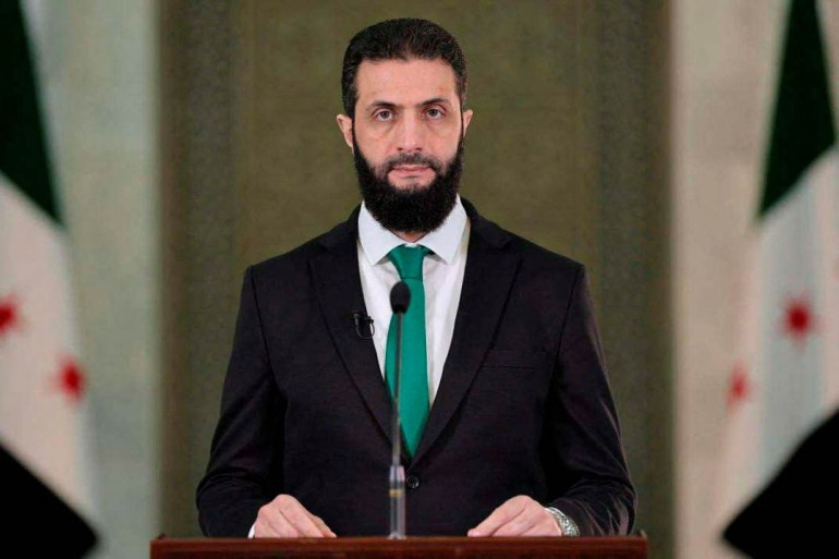 Syria's President Ahmed al-Sharaa delivers a speech at the Presidential Palace in Damascus, Syria in this undated handout image released on January 30, 2025. Syrian Presidency/Handout via REUTERS ATTENTION EDITORS - THIS IMAGE WAS PROVIDED BY A THIRD PARTY. NO RESALES. NO ARCHIVES. BEST QUALITY AVAILABLE. TPX IMAGES OF THE DAY