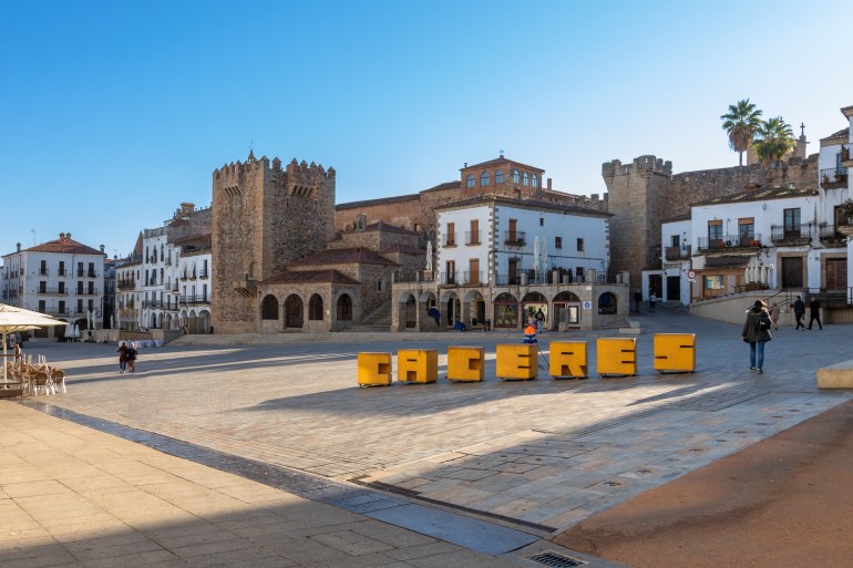 View of the main square buildings of this roman village namely the Old Town Area in Cáceres, Spain.