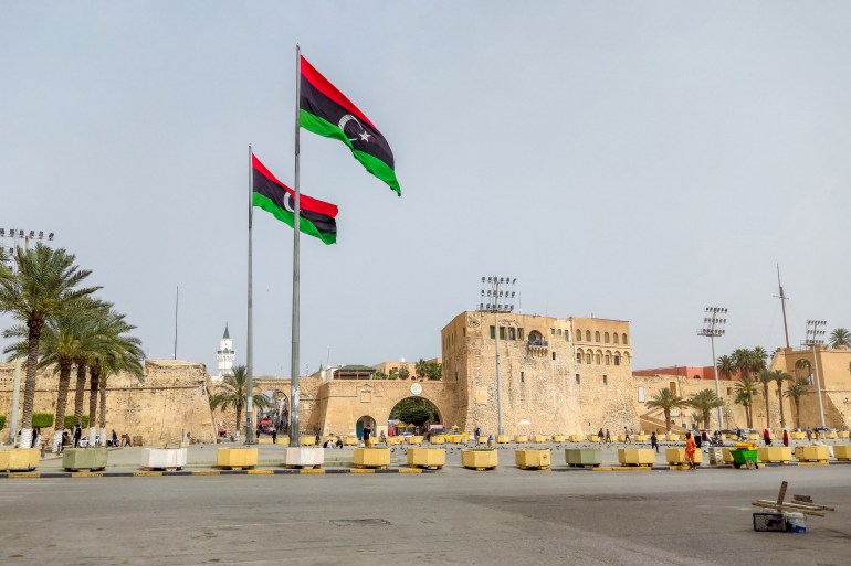 Two Libyan flags located in martyrs square in Tripoli, Libya