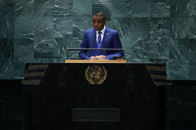 Somalia's Prime Minister Hamza Abdi Barre speaks during the 79th Session of the United Nations General Assembly at the United Nations headquarters in New York City on September 27, 2024. (Photo by Leonardo Munoz / AFP)