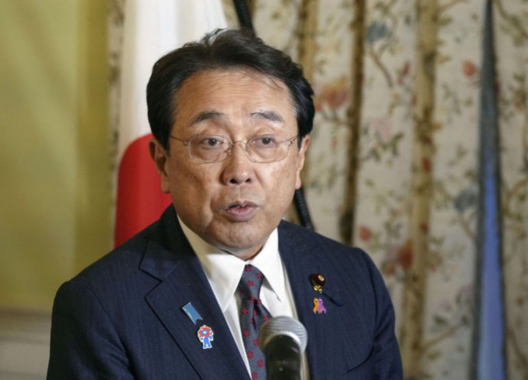 Japanese Economic Revitalization Minister Ryosei Akazawa speaks to media after ministerial talks on tariffs, with U.S. President Donald Trump joining the negotiators, at the White House, in Washington, D.C., U.S., April 16, 2025. Kyodo/via REUTERS ATTENTION EDITORS - THIS IMAGE HAS BEEN SUPPLIED BY A THIRD PARTY. MANDATORY CREDIT. JAPAN OUT. NO COMMERCIAL OR EDITORIAL SALES IN JAPAN. TPX IMAGES OF THE DAY