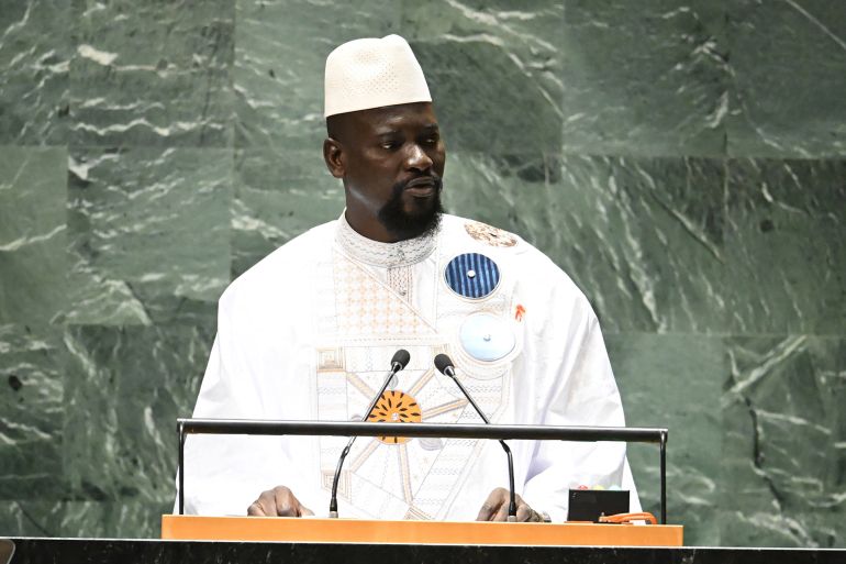 Guinea's President Mamady Doumbouya addresses the 78th United Nations General Assembly at UN headquarters in New York City on September 21, 2023. (Photo by TIMOTHY A. CLARY / AFP)