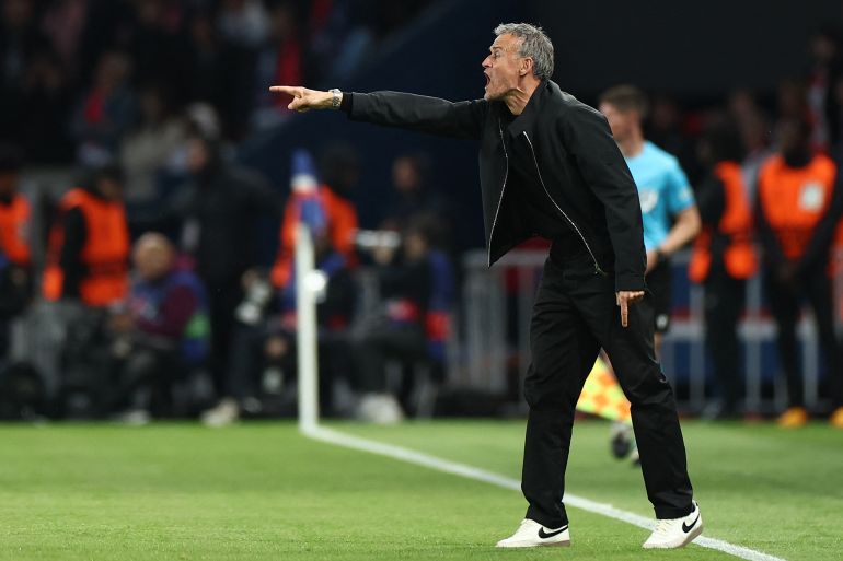 Paris Saint-Germain's Spanish coach Luis Enrique gestures during the UEFA Champions League semi-final second leg football match between Paris Saint-Germain (PSG) and Arsenal at the Parc des Princes stadium in Paris, on May 7, 2025. (Photo by FRANCK FIFE / AFP)
