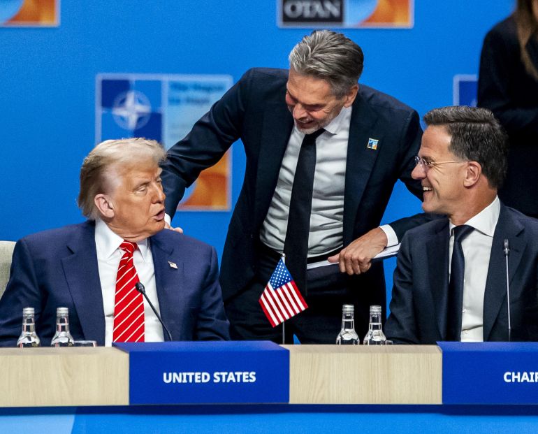 epa12196245 US President Donald J. Trump (L) talks with NATO Secretary General Mark Rutte (R) and outgoing Dutch Prime Minister Dick Schoof (C) at the beginning of the NATO Summit at the World Forum in The Hague, The Netherlands, 25 June 2025. The Netherlands, for the first time in NATO's history of existence, is hosting a NATO summit. EPA/REMKO DE WAAL