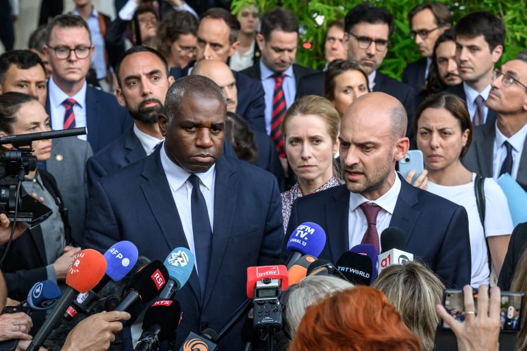 France's Minister for Europe and Foreign Affairs Jean-Noel Barrot (R), flanked by Britain's Foreign Secretary David Lammy (L) and EU High Representative and Vice-President for Foreign Affairs and Security Policy Kaja Kallas (C), makes a statement following their meeting with Iran's Foreign Minister on Tehran's nuclear programme, at the Intercontinental Hotel in Geneva, on June 20, 2025, aside of a meeting of European Foreign Ministers, as European countries call for de-escalation of tensions after Israeli bombings aimed at breaking Iranian nuclear program.