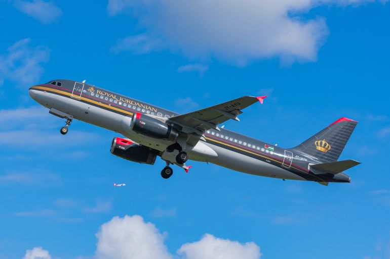 Amsterdam, Netherlands - April 21, 2024: Royal Jordanian Airbus A320-200 taking off from Amsterdam Schiphol Airport.