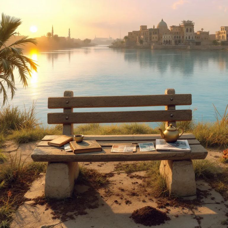 A poetic, realistic scene blending symbolic spaces from both rural and urban Iraq. At the center, an old stone bench (“mastaba”) stands as the focal point, adorned with subtle items evoking memory and nostalgia: a faded photograph of Gamal Abdel Nasser above the bench, an old book, a worn banknote, and a handful of soil. The background merges softly between a shimmering, mirage-like Tigris river that never quite reaches the far bank, and a small, lush field (“ghayt”). In the distance, hints of old Baghdad city appear—narrow alleys, a glimpse of Mutanabbi Street, and a traditional café. In the foreground, a palm tree and a teapot rest on the bench. The golden, gentle light of sunset suffuses the scene, symbolizing the passage of time and the lingering presence of absent loved ones. No people are shown, but the environment is imbued with the human spirit—traces of laughter, childhood play, and longing echo throughout. The overall atmosphere is warm, calm, and quietly melancholic, capturing a sense of loss, hope, and deep connection to place and memory.