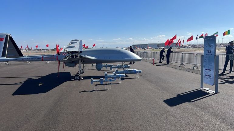 MARRAKECH, MOROCCO - NOVEMBER 1: Turkiye's unmanned combat aerial vehicle (UCAV) Baykar Bayraktar TB3 is exhibited at "Marrakech Air Show 2024" International Aerospace Exhibition organized in Marrakech, Morocco on November 01, 2024. (Photo by Said Echarif/Anadolu via Getty Images)