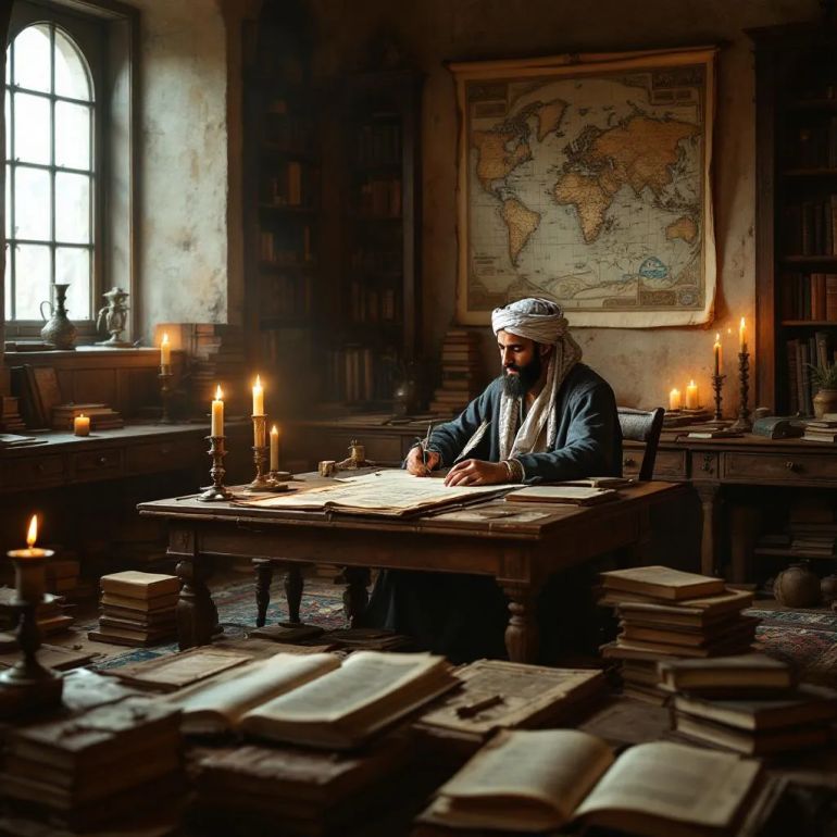 "An indoor study scene in an old school of languages in Egypt showing Sheikh Rifa'a seated at a large wooden desk, writing with a quill on parchment. He is surrounded by ancient books and maps, lit by candles, capturing the atmosphere of intellectual awakening and scientific translation."