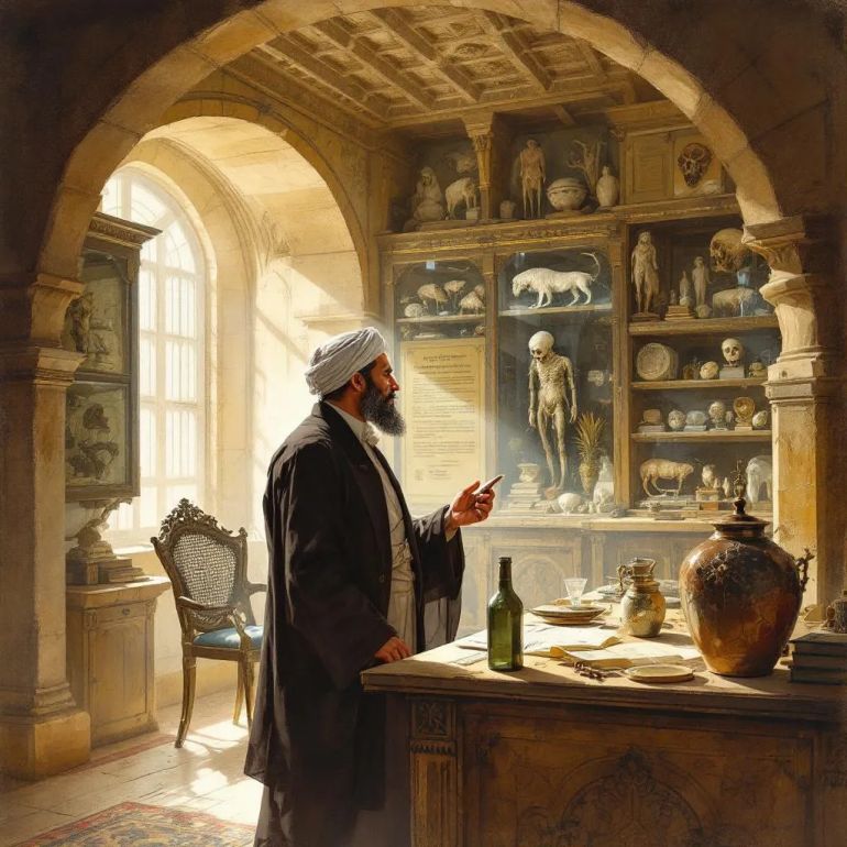Create a detailed historical illustration showing Sheikh Rifa'a al-Tahtawi exploring the “Bustan” anatomical museum with preserved animal specimens and relics, including a subtle reference to the remains of Sheikh Suleiman al-Halabi, the martyr who killed General Kléber of the French campaign. Capture al-Tahtawi’s thoughtful expression as he observes French life, attire, and social customs like cafés, highlighting his role as a keen observer and reformer. Incorporate visual elements symbolizing his deep engagement with Islamic law, scientific modernization, and cultural revival during Muhammad Ali’s rule, showing him writing or teaching Arabic grammar reforms like “Jamal al-Ajrummiya” in a scholarly setting. Emphasize his spirit of building institutions, curriculum development, and bridging traditional Islamic scholarship with modern knowledge.