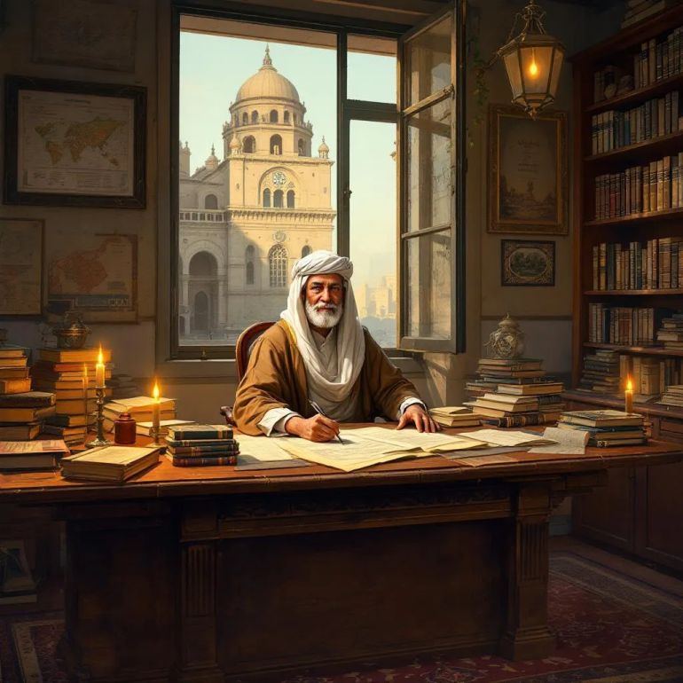 A digital painting of Sheikh Rifa'a al-Tahtawi in his later years, seated at a large wooden desk inside a scholarly study room in 19th-century Cairo. He is surrounded by books, legal manuscripts, and maps, wearing a traditional Egyptian scholar's attire. Behind him, the architecture of the School of Al-Alsun is visible through the window. The atmosphere reflects a blend of intellectual dedication, reformist vision, and spiritual confidence, capturing a moment of translating or writing by candlelight, symbolizing his contributions to modern education, legal reform, and cultural revival.