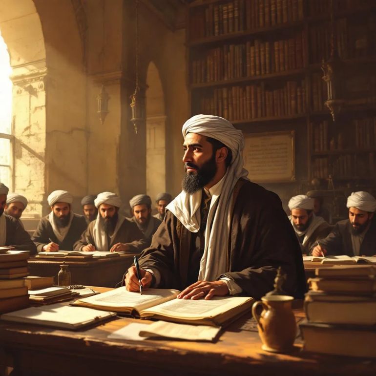Create a historical digital painting depicting Sheikh Rifa'a al-Tahtawi in 19th-century Egypt, working diligently as a translator and educator. Show him in a traditional scholar’s robe inside an old classroom of the Royal Administration School, surrounded by students and ancient books. Include architectural details of the Azbakeya district and hints of early printing presses symbolizing the Egyptian Gazette reform. Convey his dedication to founding and leading the School of Al-Alsun, emphasizing the spirit of national revival and cultural renaissance during Muhammad Ali’s era.