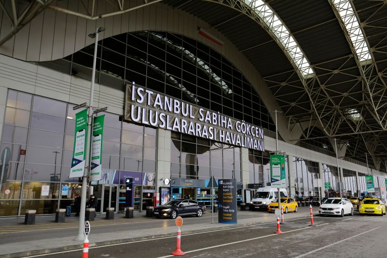 Istanbul, Turkey - February 9, 2022: Departures entrance of Sabiha Gokcen international airport, amid a reduction in flights caused by the Coronavirus, COVID-19 pandemic.