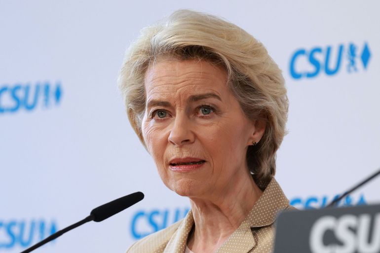 MUNICH, GERMANY - FEBRUARY 16: Ursula von der Leyen, president of the European Commission, speaks during the 2024 Munich Security Conference on February 16, 2024 in Munich, Germany. The conference is bringing together political and defence leaders from all over the world. It is taking place as Russia's war in Ukraine will soon enter its third year and the conflict in Gaza continues to grind on. (Photo by Johannes Simon/Getty Images)