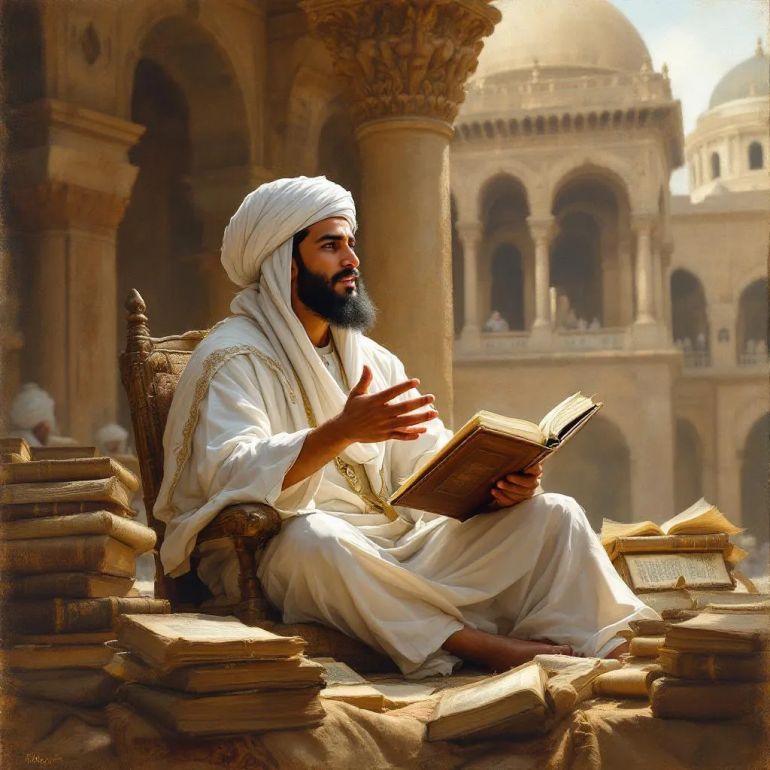 "An oil painting or digital art showing a young Sheikh Rifa'a al-Tahtawi in the halls of Al-Azhar Mosque, wearing the traditional white Azhar attire with a large turban, sitting among his students and passionately teaching. Ancient books are scattered around, with historic Al-Azhar architecture visible in the background."