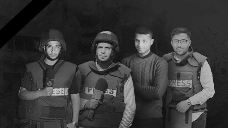 فريق الجزيرة الشهداء في غزة من اليمين إبراهيم ظاهر - محمد نوفل - محمد قريقع - أنس الشريف