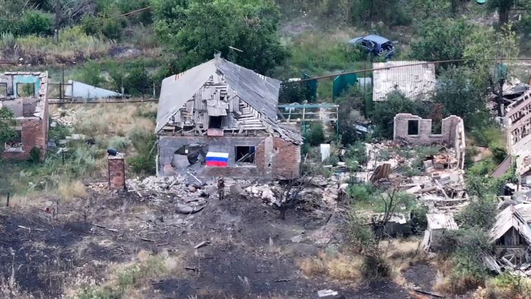 This grab from a handout aerial footage released by the Russian Defence Ministry on July 31, 2025, shows what it said is the town of Chasiv Yar in east Ukraine.