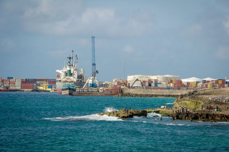 MOGADISHU, SOMALIA - NOVEMBER 11: Ships are docked at Somalias main national container port, operated by a company from Turkey on November 11, 2022 in Mogadishu, Somalia. With an estimated 7.8 million people affected famine looms over Somalia by severe drought, and streets that are threatened by Al Shabaab explosions. Authorities warn of the probability of further lethal Al Shabaab suicide bombings (like the double car bombing on Oct. 29 that killed more than 120 Somalis near the downtown education ministry) as government forces allied with local clan militias make significant territorial gains in their offensive against Al Shabaab in central Somalia. (Photo by Scott Peterson/Getty Images)